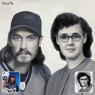 A black and white picture of a man and a woman that is converted into a vintage portraits