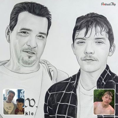 A pencil vintage portraits of a man and a boy that are placed next to each other