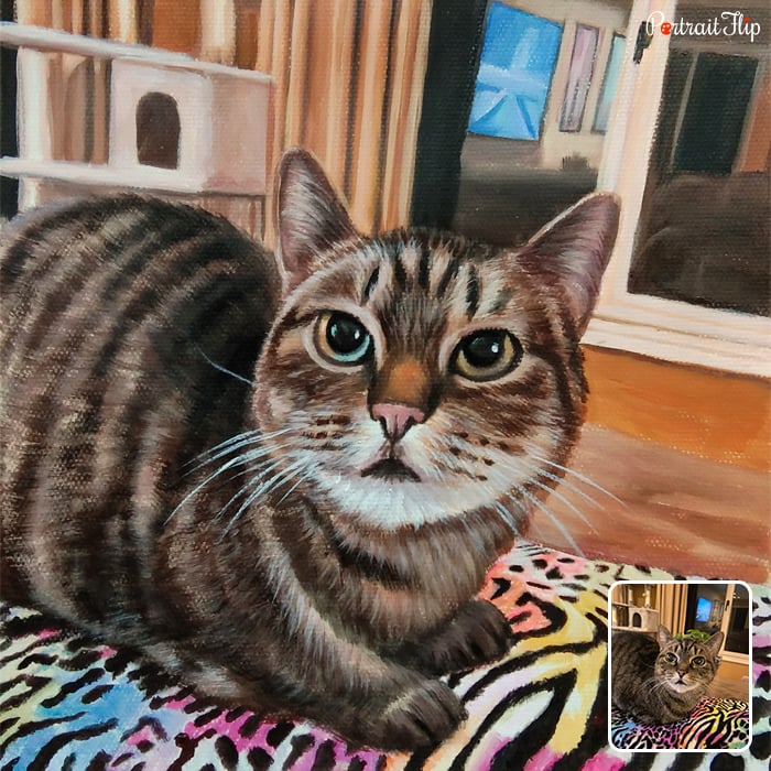 Picture of a cat sitting on a animal print couch which is converted into cat portraits