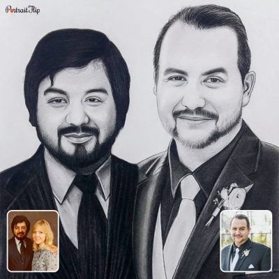 A compilation of pictures where two men are placed next to each other and painted as a vintage portraits