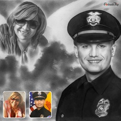 A compilation of pictures where the woman is placed behind a man wearing a army uniform and created as a charcoal vintage portraits