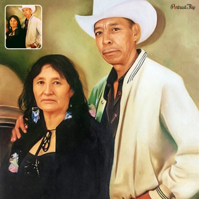 An old photograph of a couple where the man's arm is on the woman's shoulder is converted into a vintage portraits.
