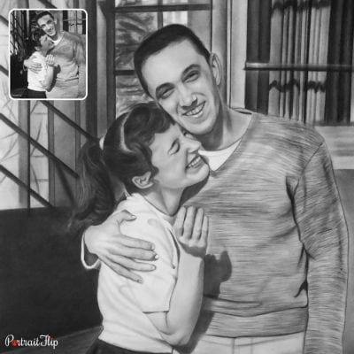 A vintage portraits of a couple who are hugging each other