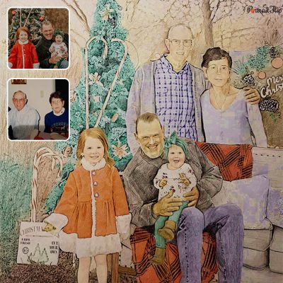 A family vintage portraits where a couple is standing behind a man sitting on couch with a baby in his lap and a young girl standing next to him