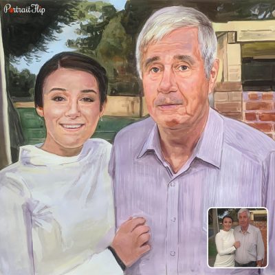 Handmade vintage portraits of a woman with an old man giving a side hug