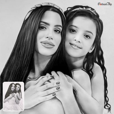A black and white picture of a woman and a young girl on her back that is made into charcoal vintage portraits
