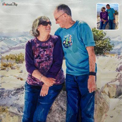 A watercolor vintage portraits of a old couple who are sitting on a rock structure with a hilly background