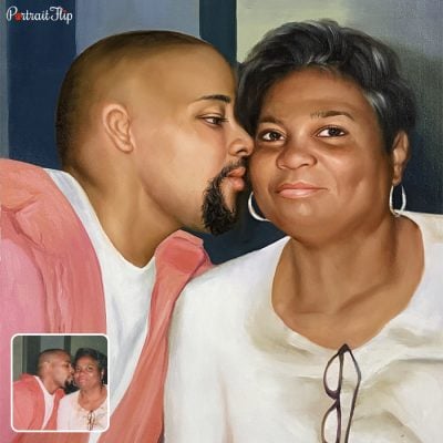A painting of a man facing towards an old woman created into a vintage portraits