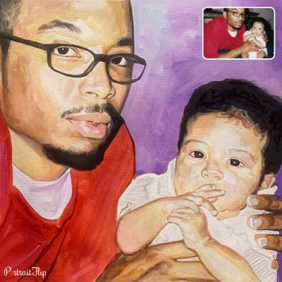 A watercolor vintage portraits that showcase a man with a newborn baby in his hands