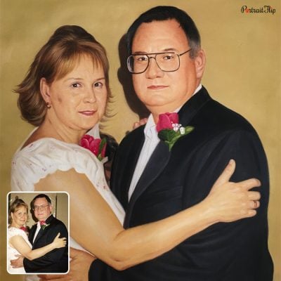Photo of an old couple holding each other that is created as vintage portraits
