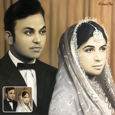An old wedding picture of a couple that is converted into a vintage portraits