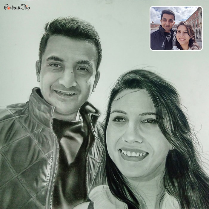 A pencil wedding painting that portrays a couple taking a selfie.