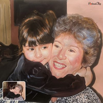 A vintage portraits of a old woman and a young girl who is hugging the lady around her neck