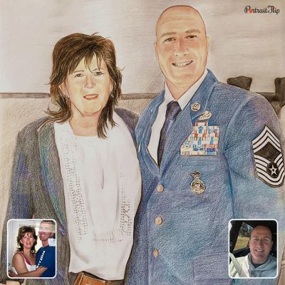 Compilation painting of a woman and a man standing close to each other that is converted into a vintage portraits