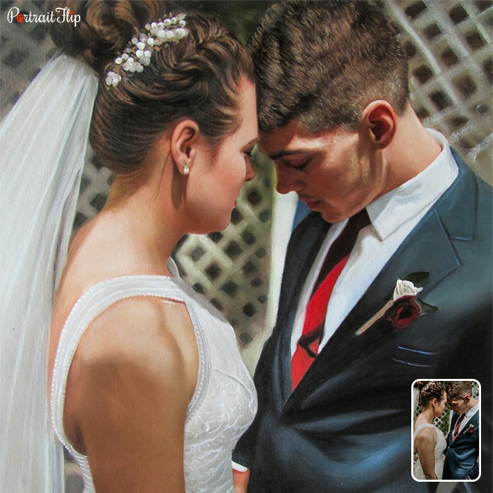 A oil wedding painting that portray a couple embracing each other