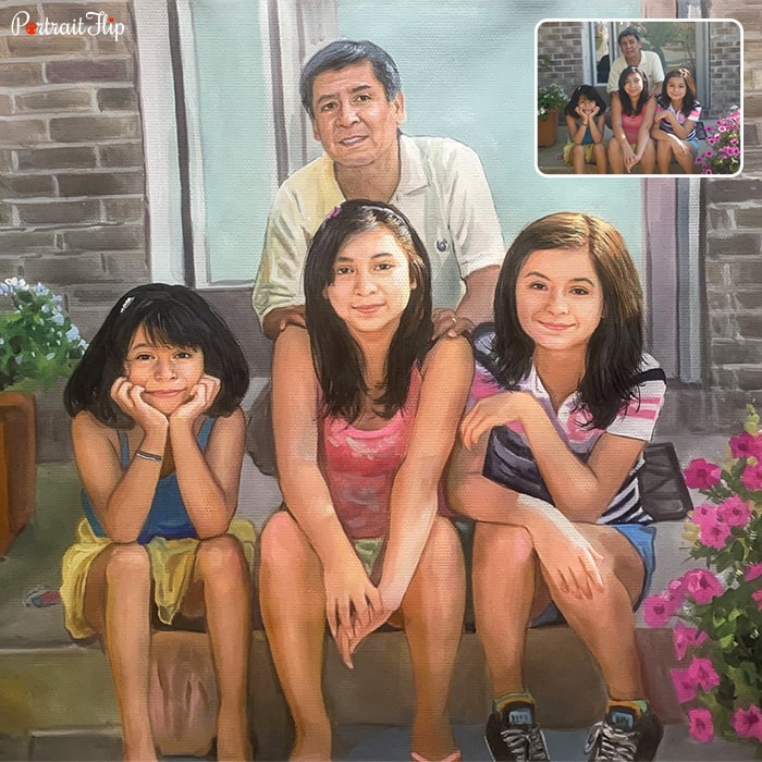A photo a man sitting behind three young girl that is converted into handmade watercolor paintings