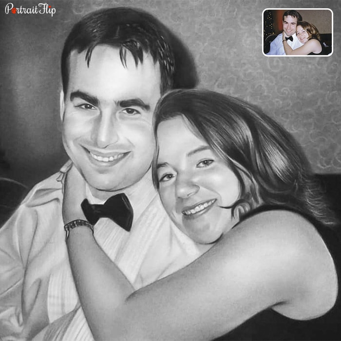A charcoal wedding painting of a couple hugging each other