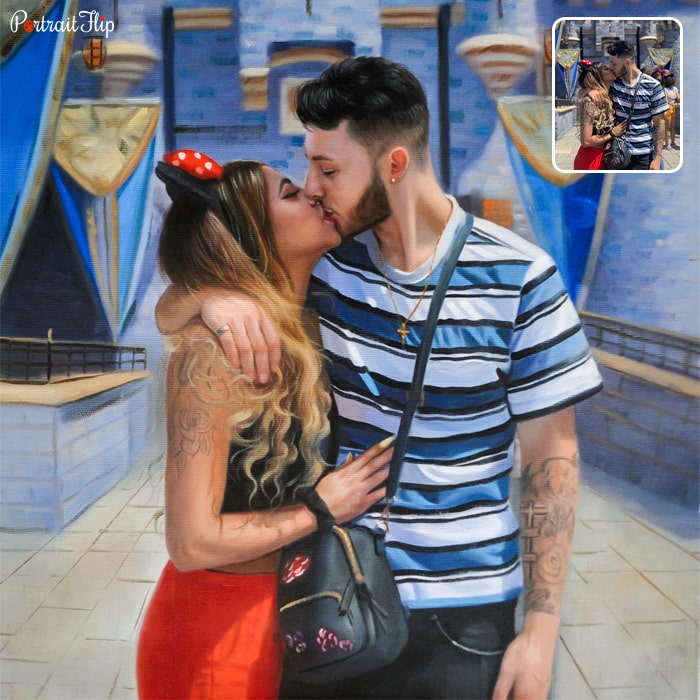 Anniversary portraits where a man and a woman are kissing each other
