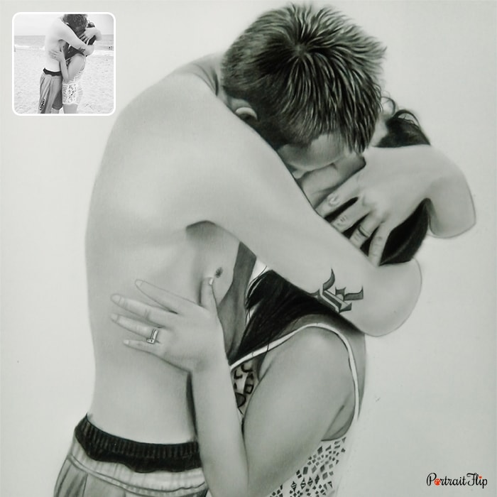 Anniversary portraits of a couple kissing each other with man’s arm around woman’s face