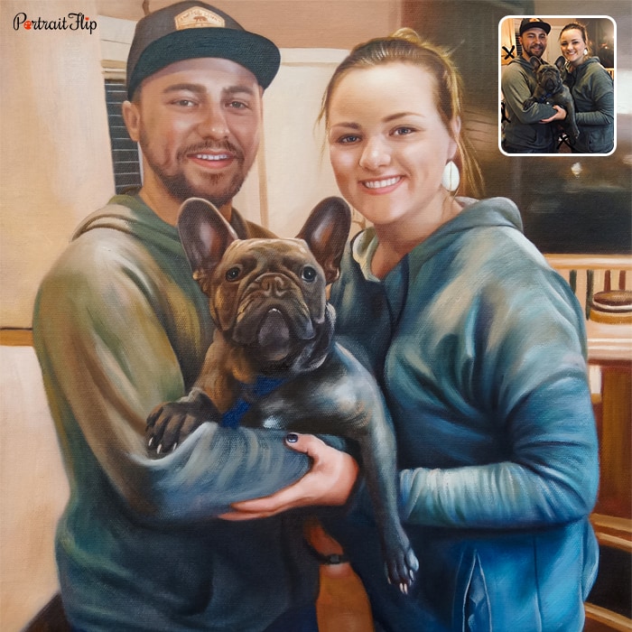 Anniversary portraits where a man and a woman are holding a dog their hands