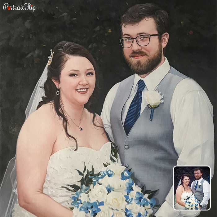 Anniversary portraits of a bride and groom where the bride is holding a bouquet of flowers in her hands