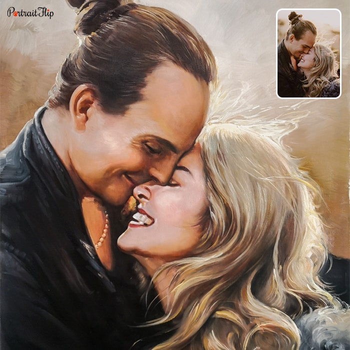 Birthday portraits of a man and a woman embracing each other