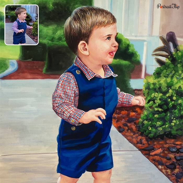 Child portraits where a baby boy is standing in a lawn background