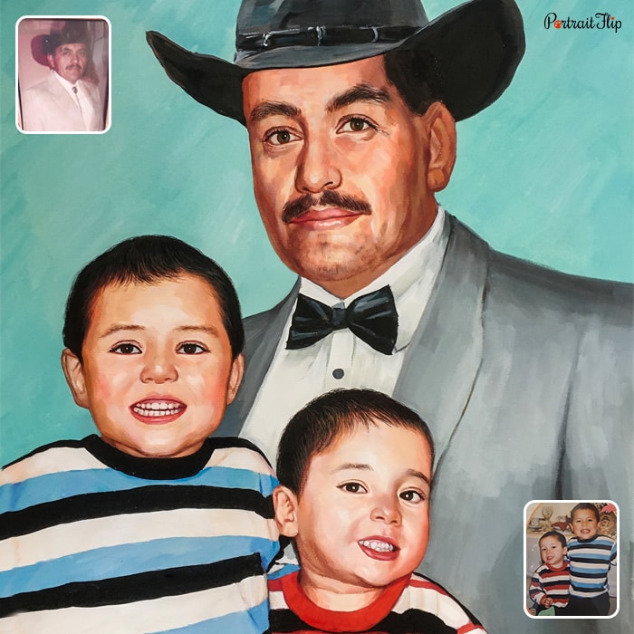Pastel painting of a man is wearing a suit and hat with two young boys in front of him