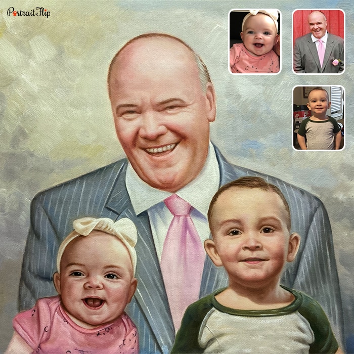 Compilation picture of an old man placed behind two young children