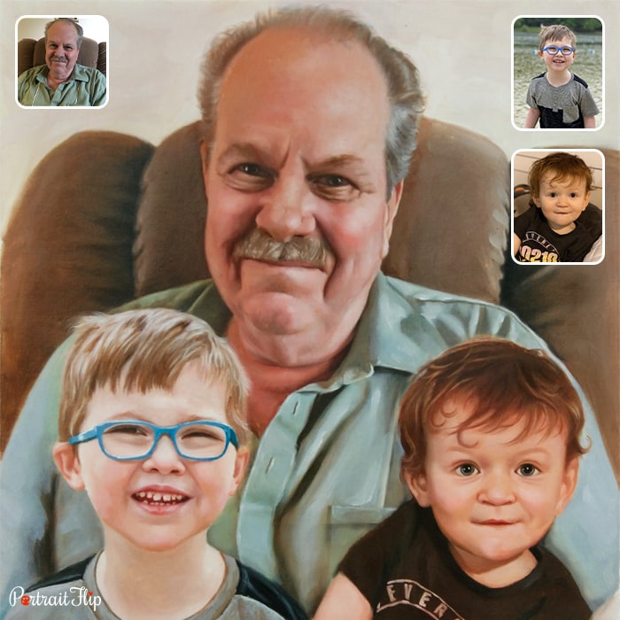 Compilation child portraits where an old man is sitting on a couch with two young boys