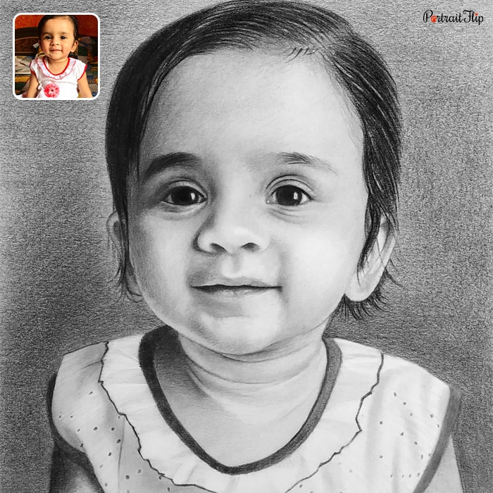 Charcoal child portraits of a baby’s close-up face