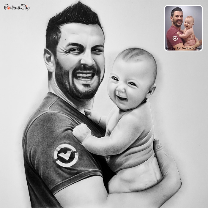 Pencil portrait of a man holding a naked baby in his arms