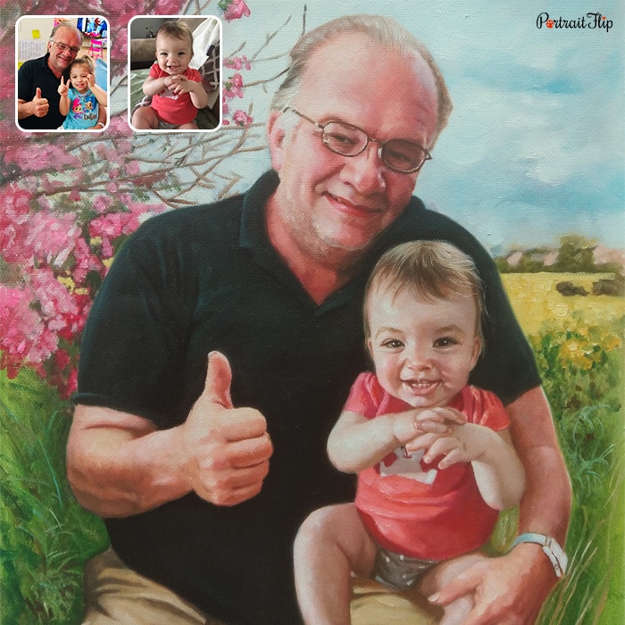 Compilation of pictures where an old man is placed with a baby in his lap in a garden background