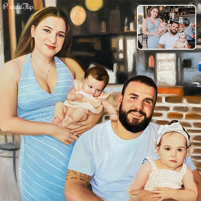 Christmas portraits where a woman is holding a baby in her arms and a man sitting with another baby on his lap