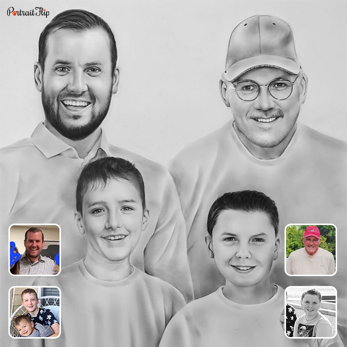Pencil painting where two men are standing behind two young boys