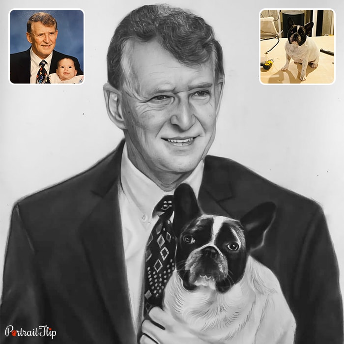 Compilation of christmas portraits where a man wearing suit is placed with a dog in his hand