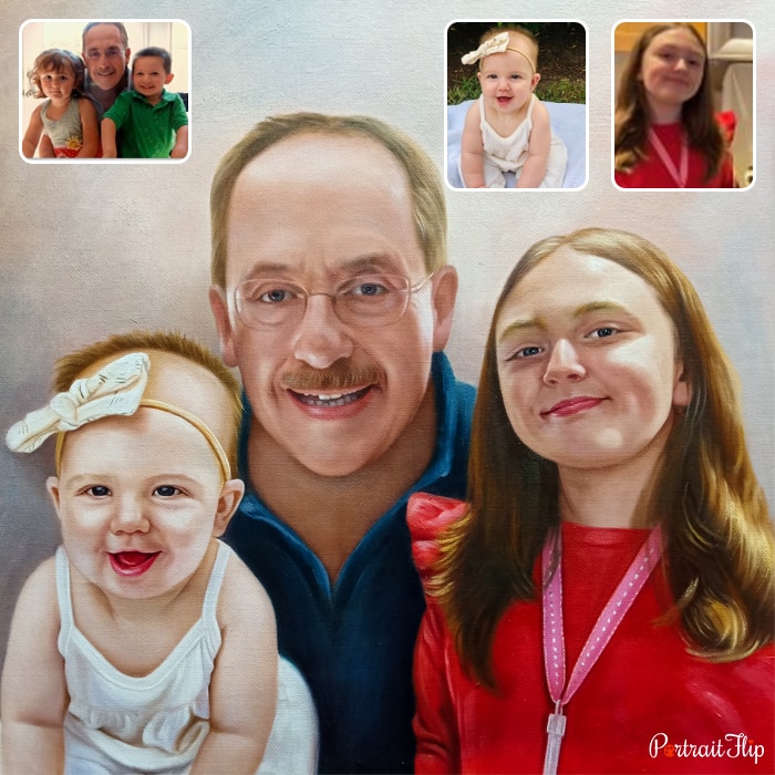 Christmas portraits where a man is placed between a young girl and a baby