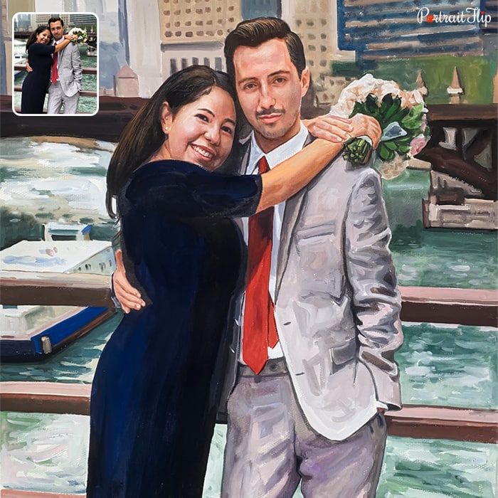 Couple portraits where woman’s arm is around man’s neck with bouquet in her hand