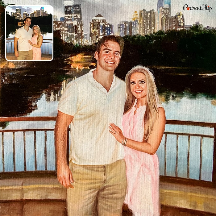 Engagement paintings where a man and a woman are standing close together