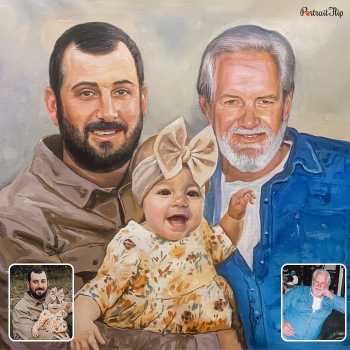 Picture of a baby girl sitting in between a man and an old man