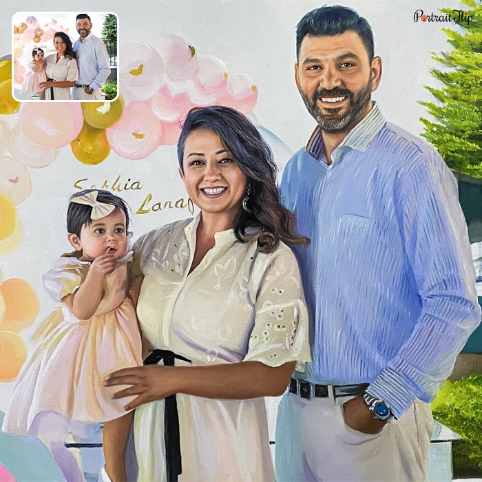 Family portraits of a man with a woman and a baby girl