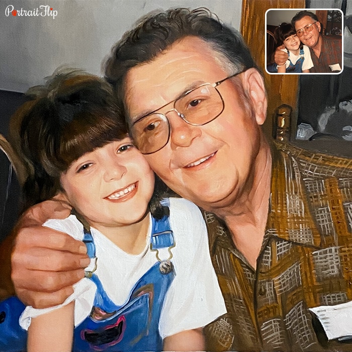 Father’s day paintings where an old man is sitting next to a young girl