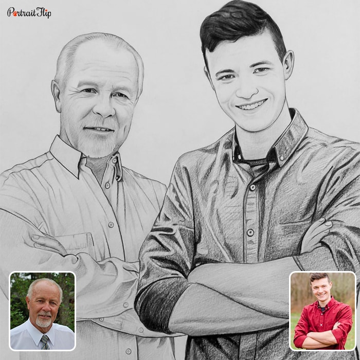 Black and white picture of an old man and a young boy placed next to each other