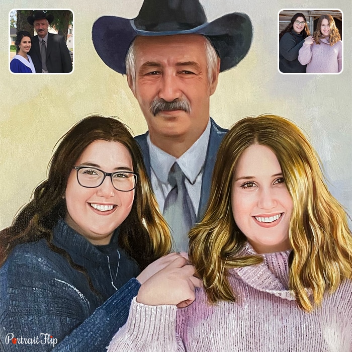 Compilation of memorial portraits, where an old man with a cowboy shape hat is standing behind two woman