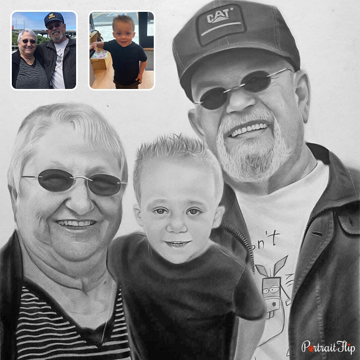Merged portraits where a baby boy is placed between an old couple