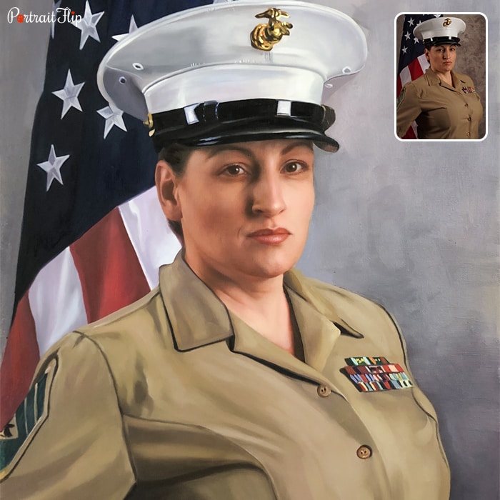 Military Portraits of a woman wearing army uniform with United States flag in her background