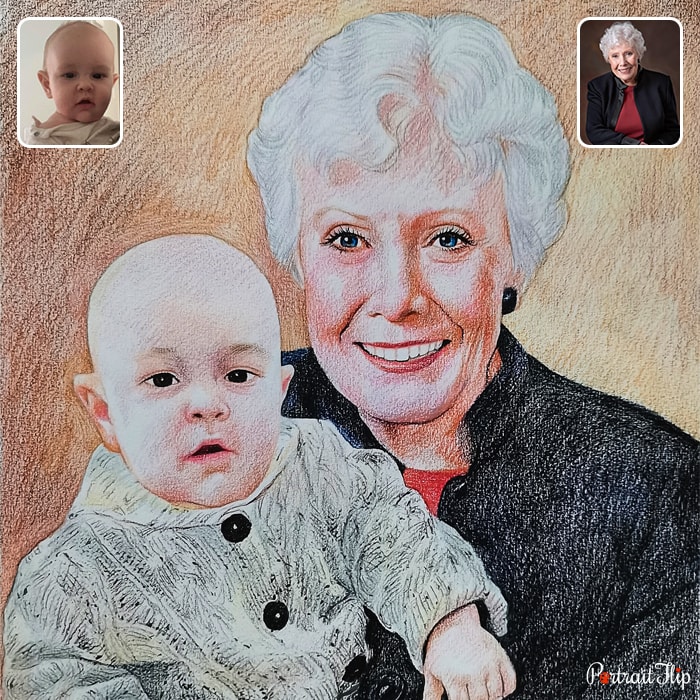 Compilation picture of an old woman and a baby placed in her arms, which is Mother’s day paintings