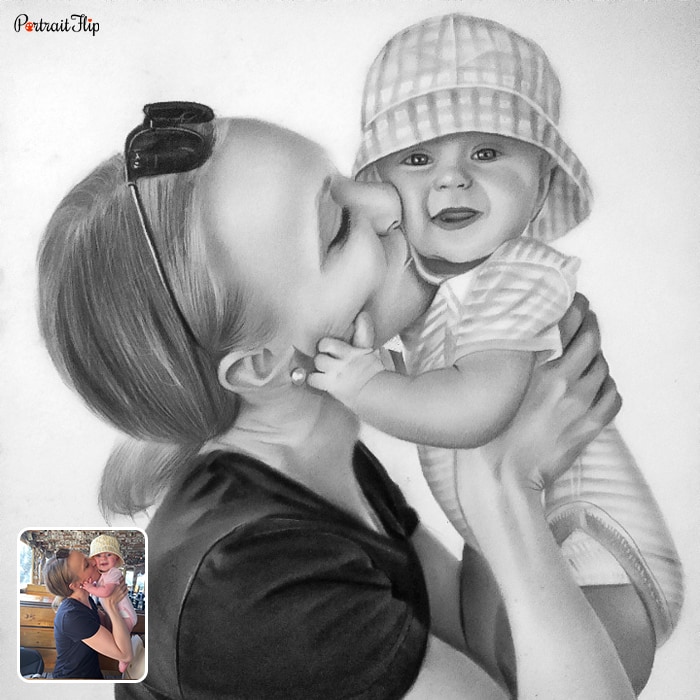 Mother's Day Paintings of a woman kissing a baby’s cheek