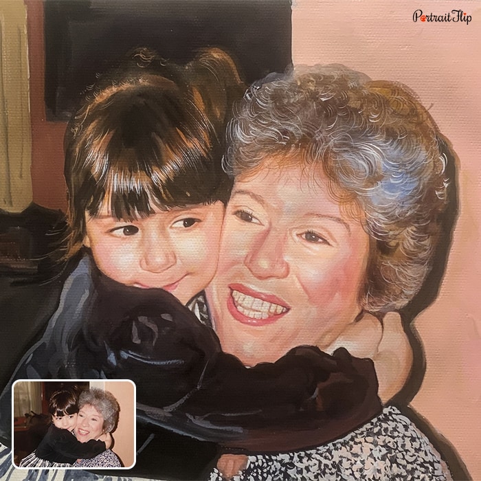 Mother's Day Paintings of a young girl whose arm is around an old woman’s neck