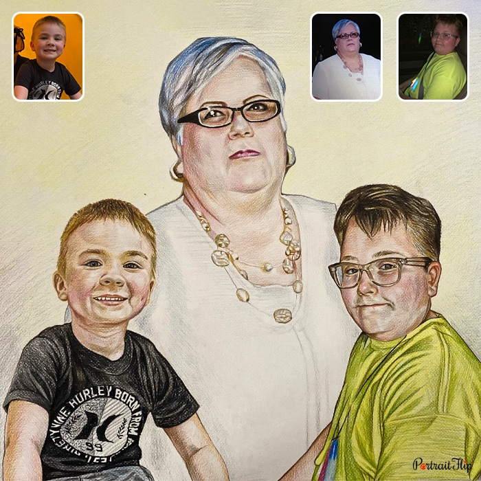 Compilation picture where a woman is placed in between two young boys, which is a Mother’s day paintings